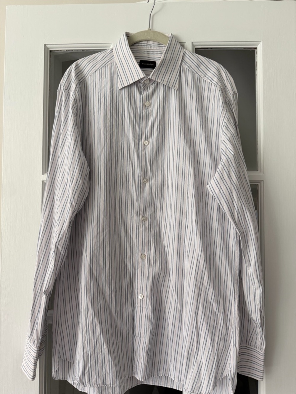Ermenegildo Zegna White Dress Shirt with Blue and Gray Stripes